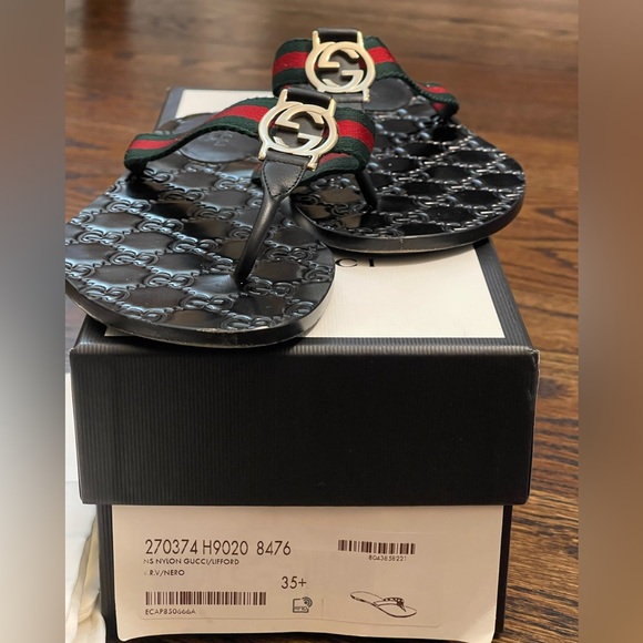 Gucci GG Interlocking Nylon Lifford Flat Thong Sandal size 35 1/5 Nero pre owned - Picture 2 of 5
